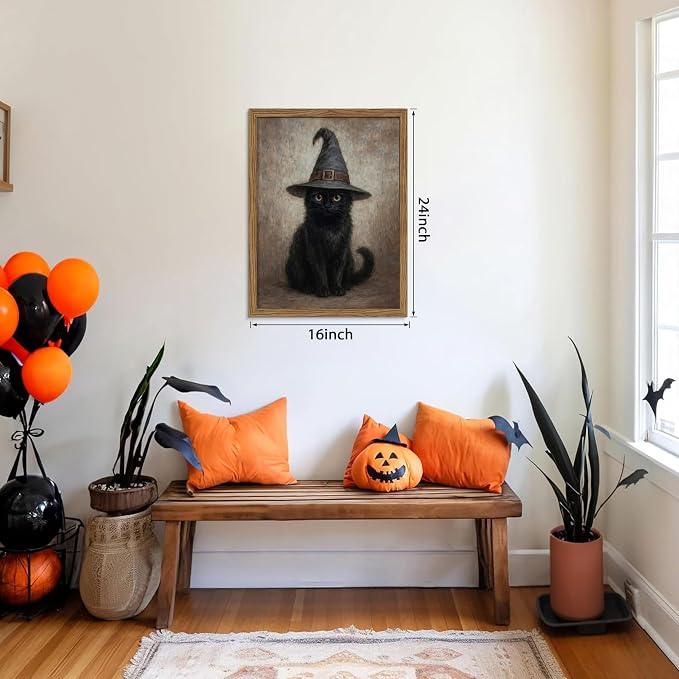 Framed Halloween Cat Wall Art, Vintage Gothic Black Cat Witch Canvas Wall Decor Paintings, Moody Dark Academia Animal Artwork Posters Prints Pictures for Bedroom Living Room 16x24 Inch