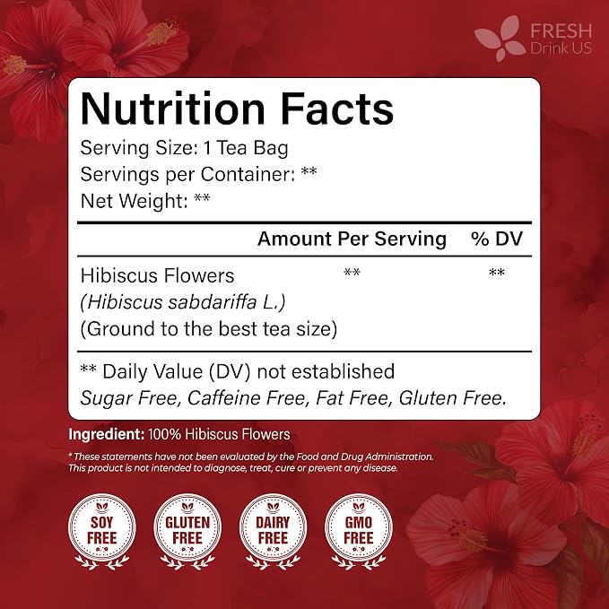 FreshDrinkUS, Premium 235 Hibiscus Flowers Tea Bags, 100% Natural, Pure from Hibiscus Flowers. Loose Flower Herbal Tea. No Sugar, No Caffeine, No Gluten, Vegan.