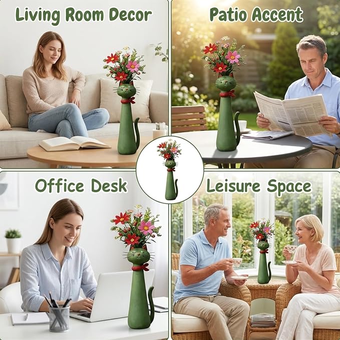 Quirky Cat Vase, Funny Cat Paw Vase for Desk and Shelf Decor, Unique Flower Vase for Small Bouquets, Whimsical Cat Planter in Green