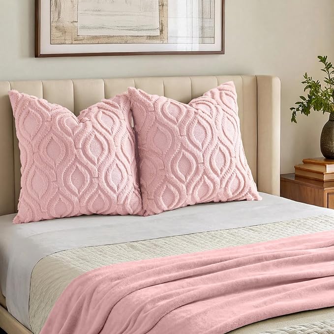 decorUhome Faux Fur Plush Soft Pink Throw Pillow Covers 24x24 Set of 2 | Plush Solid Fall Couch Pillow Covers, Accent Modern Farmhouse Neutral Decorative Square Pillow Cases for Sofa Bed Living Room