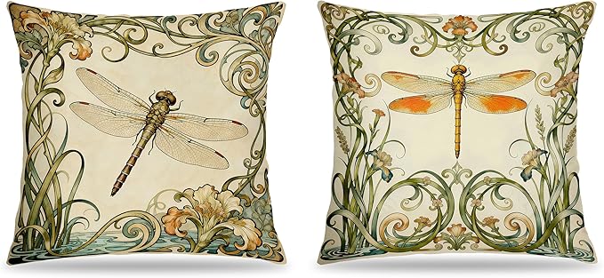 Vintage Floral Dragonfly Pillow Covers 18x18 Set of 2, Dragonfly Gifts for Women, Cottagecore Art Nouveau Nature Insect Decorative Pillow Covers for Home Living Room Bedroom