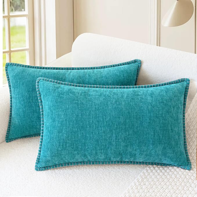 CaliTime Decorative Couch Throw Pillow Covers 20 X 12 Inches Lake Blue | Pack of 2, Cozy Chenille Cushion Cases, Cotton Thread Stitching Edges, for Sofa Bed Living Room Farmhouse
