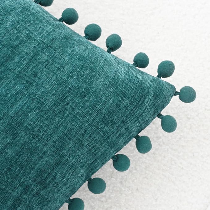 CaliTime Decorative Couch Throw Pillow Covers 20 X 20 Inches Teal | Pack of 2, Cozy Chenille Cushion Cases, with Pom Poms for Sofa Bed Living Room Farmhouse Home
