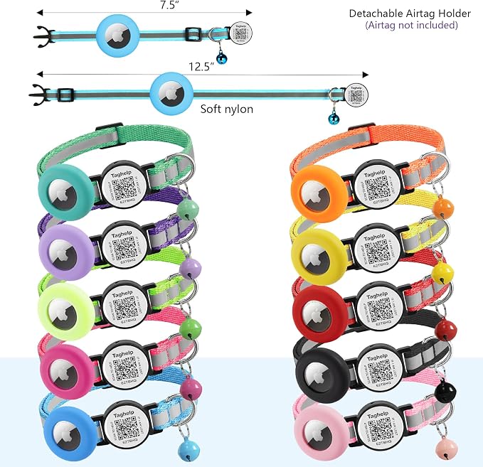 Smart QR Code Cat Collar with Airtag Cat Collar Breakaway, Reflective Kitten Collar with Apple Air Tag Holder and Bell for Girl Boy Cats, 0.4 Inches in Width and Lightweight(Black)