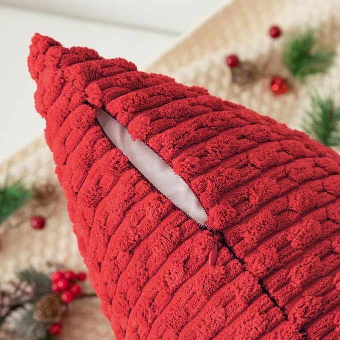 Kevin Textile Soft Corduroy 14"x24" Lumbar Pillow Cover 1 Pack, Red | Boho Stripe Plush Corduroy Decorative Oblong Cushion Cover Modern Farmhouse Home Decor for Sofa Couch Bed Chair