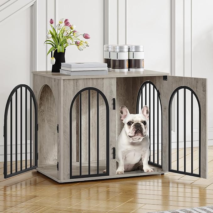 Hzuaneri 26.8'' Dog Crate Furniture, Dog Kennel Indoor for Small Dogs | Dog Kennel Furniture Wooden Dog Cage Heavy Duty Dog Crate Decorative Pet House End Side Table TV Stand,Greige Black DFC85505B