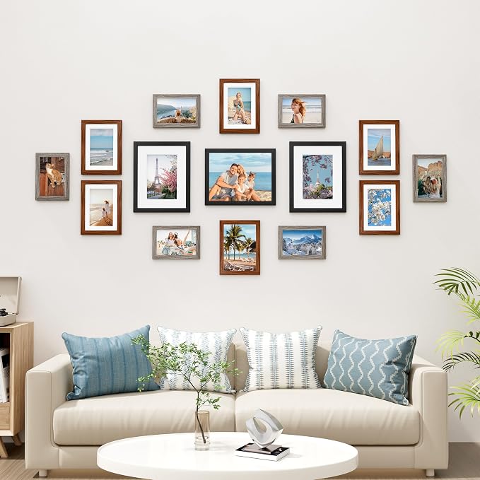 Vittanly 15 Pack Gallery Wall Frame Set, Black, Walnut Brown, Dark Grey | Picture Frames Collage Wall Decor: 3pcs 8x10, 6pcs 5x7, 6pcs 4x6. Picture Frame Set for Wall or Tabletop Display