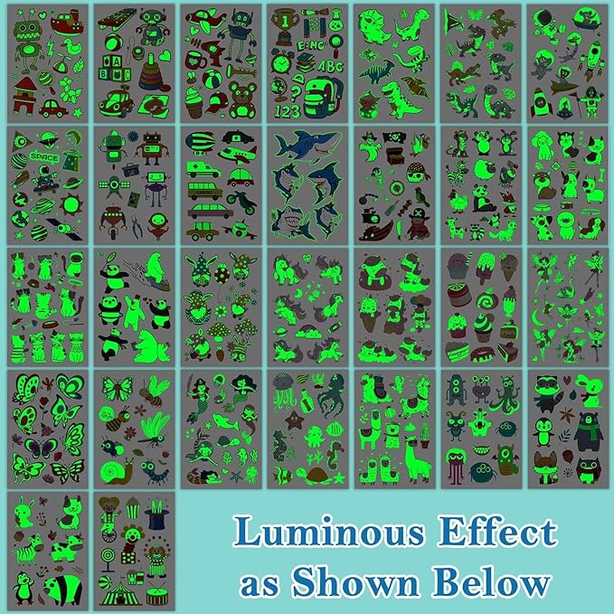 Partywind 380 Styles (30 Sheets) Luminous Tattoos for Kids, Mixed Styles Temporary Tattoos Stickers with Mermaid/Dinosaur/Space/Pirate for Boys and Girls, Glow Party Supplies