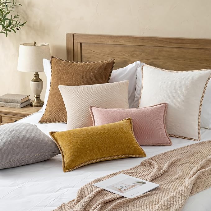 a moment Pack of 2 Decorative Chenille Throw Pillow Covers with Twill Cushion Covers for Sofa Living Room Couch Bed 16x16 Inch,Crafted Border Blush Pink