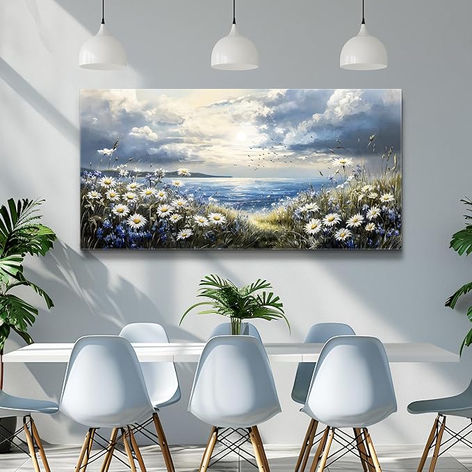 KELIYUAN Large Canvas Wall Art For Living Room Bedroom Wall Decor Home Office Blue Mediterranean Garden Landscape Painting Room Bathroom Dining Room Prints Artwork Picture Wall Decoration 20x40 In