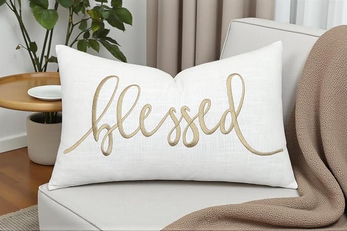 EURASIA DECOR Blessed Embroidered Lumbar Pillow Cover 12x20, Ivory | Raised muted gold script on ivory; scripture faith gift, cotton, hidden zip, solid back, cover only