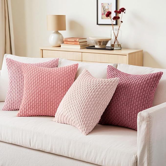 MIULEE Aesthetic Pink Decorative Throw Pillow Covers for Couch Living Room 18x18 Inch Set of 4 Cute Soft Cushion Covers Corduroy Pillowcases Spring Coquette Room Decor for Bed Sofa Room, Blush Rose
