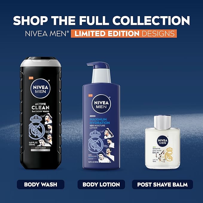 NIVEA MEN Real Madrid Limited Edition Design Maximum Hydration 48-Hour Moisture Body Lotion for Dry Skin, Aloe Vera Lotion for Men, 3-in-1 Body, Face and Hands, 16.9 Fl Oz Bottle