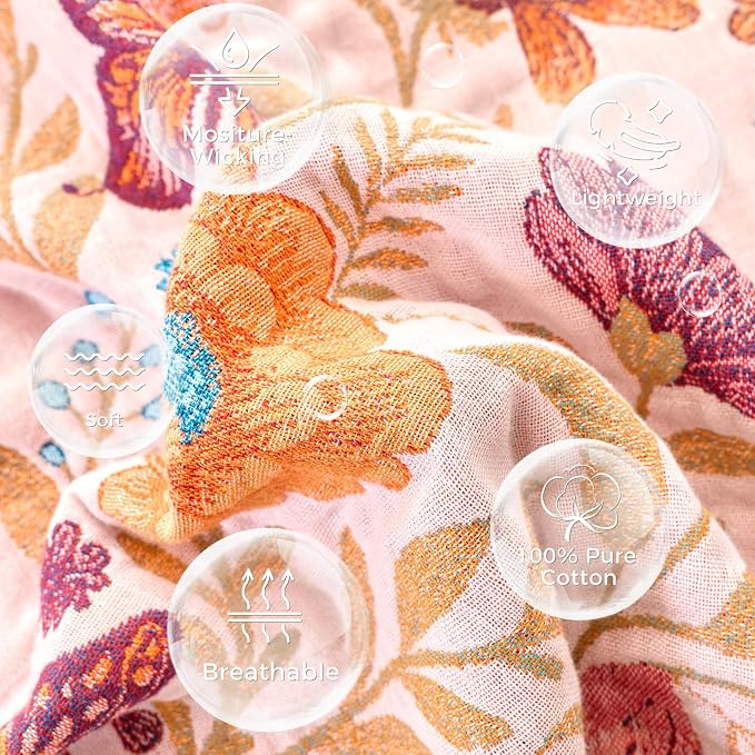 LUTBM Boho Throw Blanket for Couch 50"x60", Cotton Decorative Bed Throw | Reversible Floral Butterfly Jacquard, All-Season Muslin Blanket, Lightweight Throws, For Chair Sofa Bedroom Living Room Decor