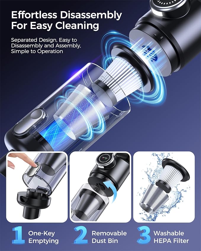 Cordless Handheld Vacuum Cleaner, 2-in-1 Vacuum & Blower, 36000Pa Suction Brushless Motor, Car Vacuum with LED Light, Lightweight, Portable for Car, Home, Office and Outdoor Use, Black
