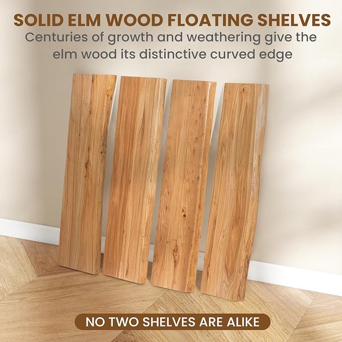 Floating Shelves for Wall Decor, Rustic Solid Elm Wood Live Edge Floating Shelves Wall Mounted, Wall Shelves with Invisible Bracket for Living Room Bathroom Bedroom Kitchen, 16 Inch Set of 2, Natural