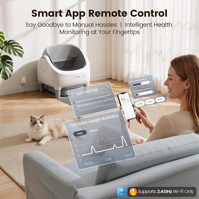 Invengo Self Cleaning Litter Box, Open Top Automatic Litter Box with App Control for Multiple Cats, Safety Sensors Protection, Odor Control Includes 2 roll Liners,Large Waste Bin, Warm Grey