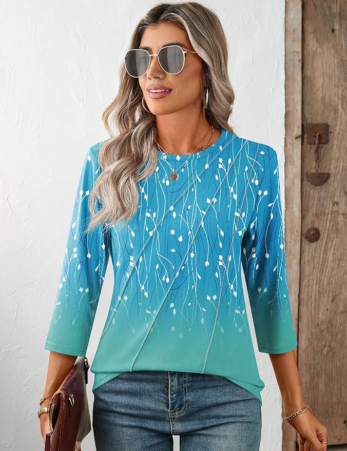 LOMON 3/4 Length Sleeve Womens Tops Spring Summer Fashion 2026 Tops Crew Neck Pleated Shirts Tunic Top Loose Fit