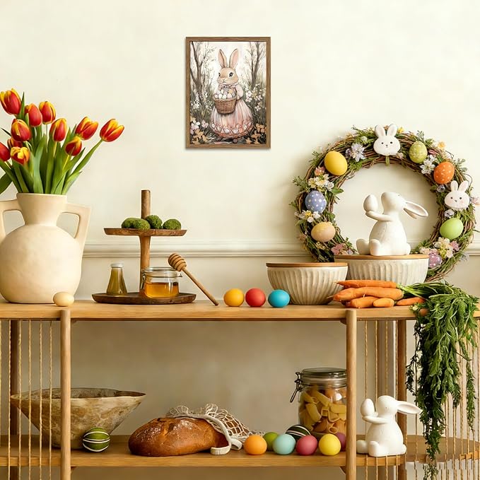 Framed Easter Bunny Canvas Wall Art, Rabbit & Egg Basket Poster Prints, Farmhouse Style Holiday Wall Decor, Vintage Rustic Home Artwork for Kids Room Bedroom Living Room 12x16 inch