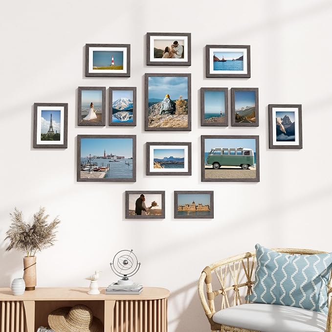 Vittanly 15 Pack Picture Frames Collage Wall Decor, Wall/Tabletop Display | Rustic Grey, Multi-Size Gallery Wall Frame Set: 3pcs 8x10, 6pcs 5x7, 6pcs 4x6. Picture Frame Set for Family