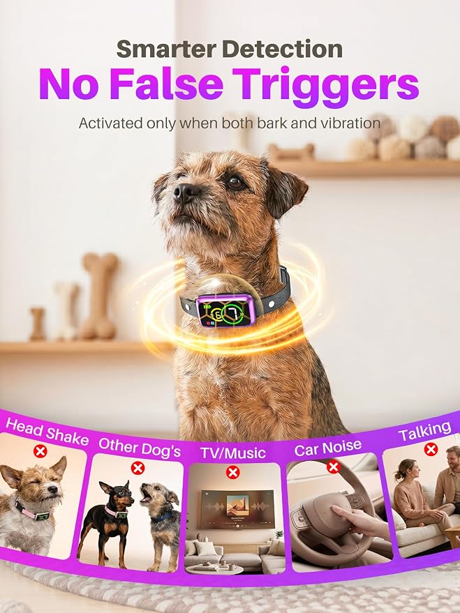 Dog Bark Collar, Humane Anti Barking Device with AI Smart Detection, Beep & Vibration, 7 Sensitivity Levels, Rechargeable No Bark Collar for Small Medium Large Dogs IP67 Waterproof