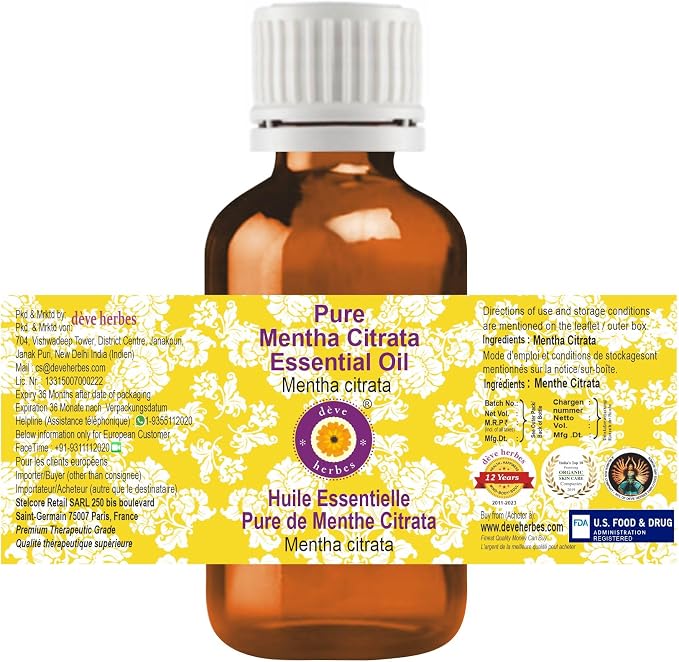 Deve Herbes Pure Mentha Citrata Essential Oil (Mentha citrata) Steam Distilled (Pack of Three) 100ml X 3 (10 oz)