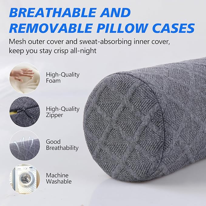 Cozyhealth Cervical Roll Pillow, Medium Soft Memory Foam Neck Round Pillow Cylinder Bolster Pillow for Sleeping, Round Neck Support for Bed, Legs, Back and Yoga (Grey, Medium - 3.9" H)