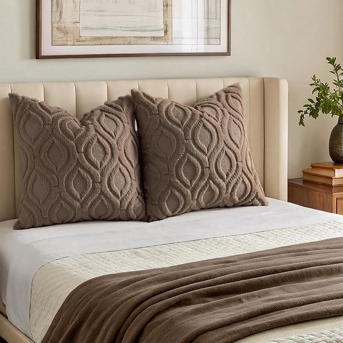 decorUhome Faux Fur Plush Soft Brown Throw Pillow Covers 22x22 Set of 2 | Wool Solid Fall Couch Pillow Covers, Accent Modern Farmhouse Neutral Decorative Square Pillow Cases for Sofa Bed Living Room