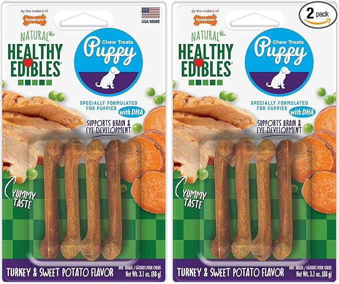 Nylabone Healthy Edibles Natural Puppy Chews Long Lasting Treats for Puppies, Turkey & Sweet Potato Flavor, X-Small/Petite (4 Count) (Pack of 2)