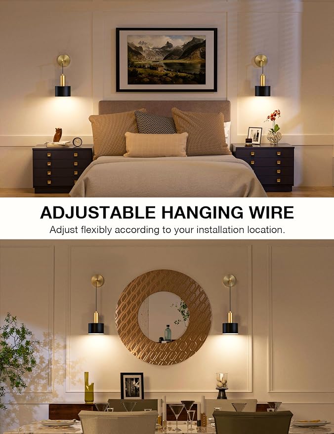Battery Operated Wall Sconce Set of 2, Gold & Black Wireless Rechargeable Wall Lights with 5200mAh Dimmable Detachable Bulbs and Remote, 9 Colors Sconces Wall Decor for Bedroom Living Room
