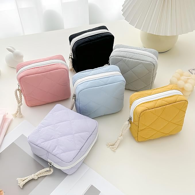 Small Makeup Bag | Discreet Period Bag Pad Pouch for Purse| Sanitary Napkin Storage & Tampon Holder for Travel (Quilted light pink)