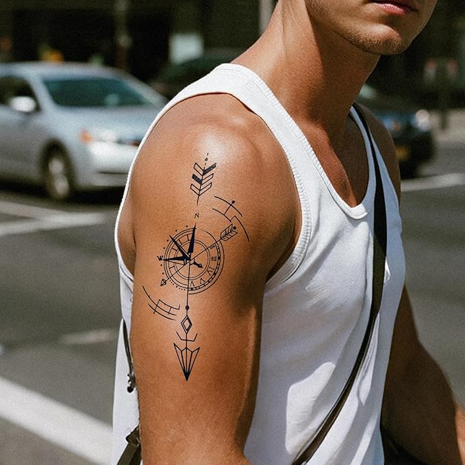 2 Sheets Long Lasting Compass Temporary Fake Tattoos For Men Arm Spine,Arrowhead Semi Permanent Tattoo For Adults Boys,Realistic, Waterproof and Non-Reflective