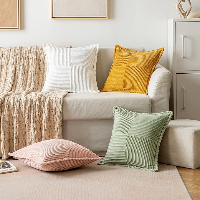 MIULEE Decorative Throw Pillow Covers for Couch 16x16 Inch Sage Green | 2 Pack, Boho Broadside Striped Patchwork Pillow Covers, Soft Corduroy Cushion Cases, For Sofa Bed Livingroom Home Decor