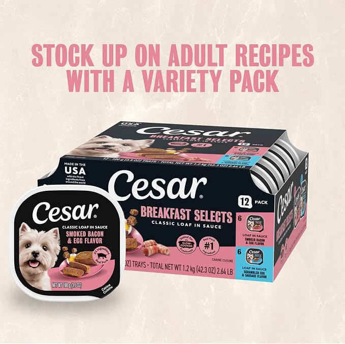 Cesar Classic Loaf in Sauce Wet Dog Food, Bacon & Egg, 3.5 oz, 24 Count | Real pork #1 ingredient, easy peel trays, Made in USA, slow-cooked for tender texture, no fillers or artificial flavors