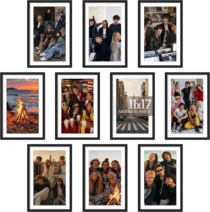 upsimples 11x17 Picture Frame Set of 10, Display Pictures 9x15 with Mat or 11x17 Without, Multi Photo Frames Collage for Wall Display, Black | Fit 9x15 and 11 x 17 Photos, Wall or Tabletop Display, For Gallery Hallway Living Room, For Christmas