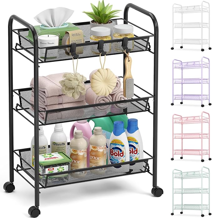 TOOLF 3 Tier Rolling Cart, Metal Utility Storage Cart with Wheels, Black | 3 Hooks, Screwless Assembly, Trolley Organizer for Bathroom, Kitchen, Office, Nursery, Dorm, Laundry Room