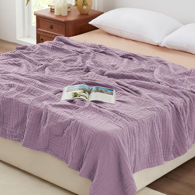Love's cabin 100% Cotton Muslin Blanket, 6 Layer Lightweight Breathable Gauze Queen Size Blanket 90 x 90 Inches, Soft All Season Blanket for Bed, Lavender