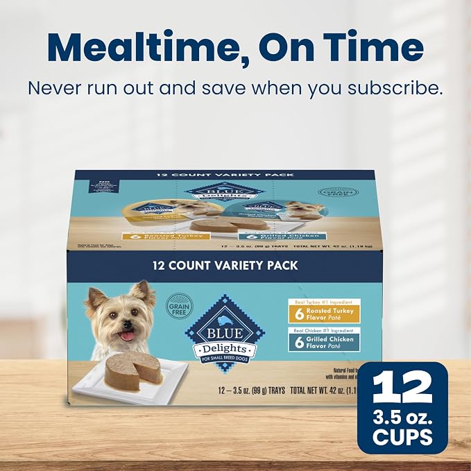 Blue Buffalo Delights Variety Pack Small Breed Wet Dog Food, 3.5 oz, 12 ct | Roasted Turkey & Grilled Chicken (6 of Each), Grain-Free, Pate Style, No Corn, Wheat, or Soy