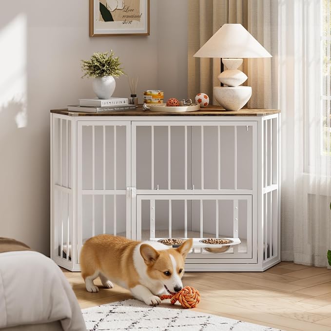 Corner Dog Crate Furniture for Small Dogs, Indoor Kennel End Table, White