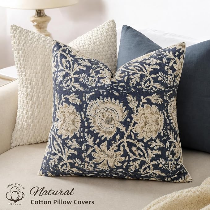 Vintage Floral Print Throw Pillow Covers 20x20 Set of 2 Neutral Modern Farmhouse Pillow Cases Accent Decorative Cushion Covers Boho Home Decor for Couch Sofa Chair Bed Living Room, Navy