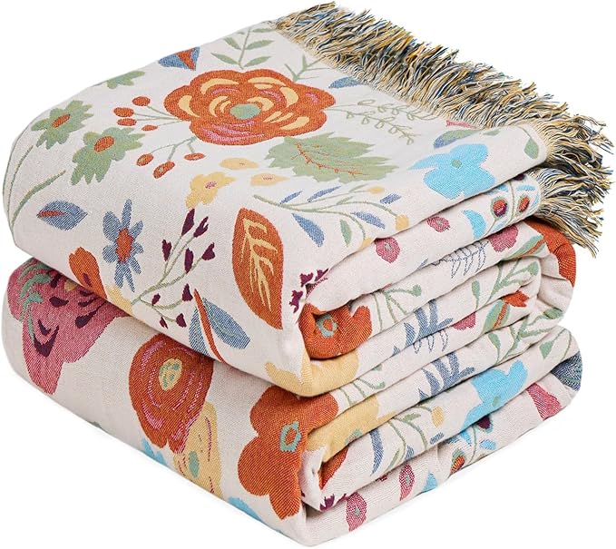 MSGKV Boho Throw Blanket 60"x80" Summer Cotton Floral Twin Size Blanket | Muslin Throw, Twin Size Blanket, Floral Pattern, Reversible Woven, Lightweight Comfort, Farmhouse Decor, Machine Washable