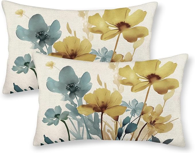 Spring Floral Pillow Covers 12x20 Inch Set of 2 Blue Yellow Floral Throw Pillow Cover Outdoor Modern Summer Flower Decoration Pillowcase Farmhouse Decorative Linen Cushion Cover For Sofa Couch