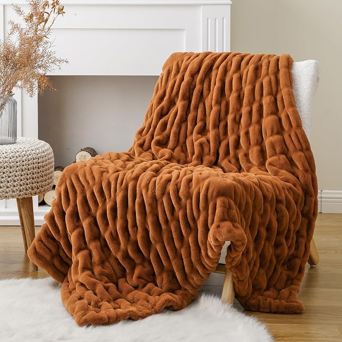 BATTILO Faux Fur Burnt Orange Throw Blanket for Couch, 50"x60", Double Side | Orange Bubble Blanket, Fall Throw Blanket, Fall Decor, Halloween Decorations, Soft Cozy Faux Fur Blanket For Bed, Living Room