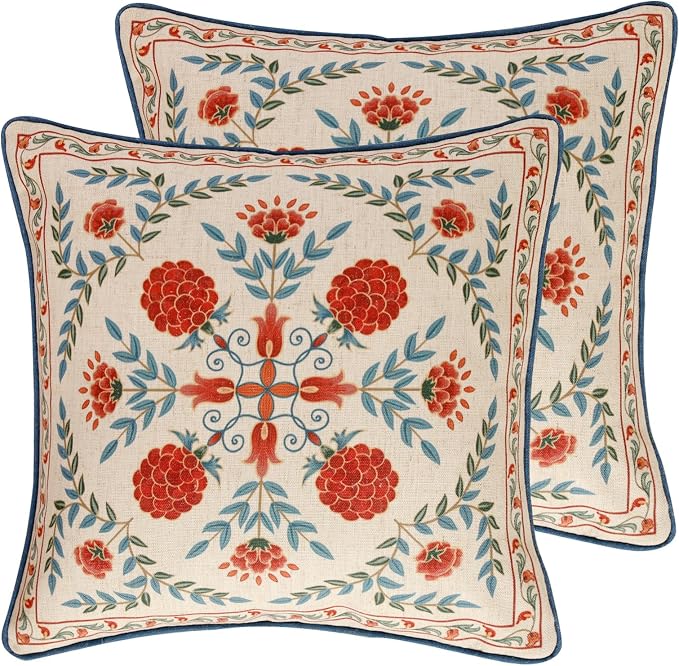 patdrea French Vintage Linen Throw Pillow Cover,18"x18",Set of 2-Puno A | Elegant Decorative Pillow Case with Zipper,Elegant Floral Pattern,Pillow Cover for Couch Living Room Bedroom Sofa