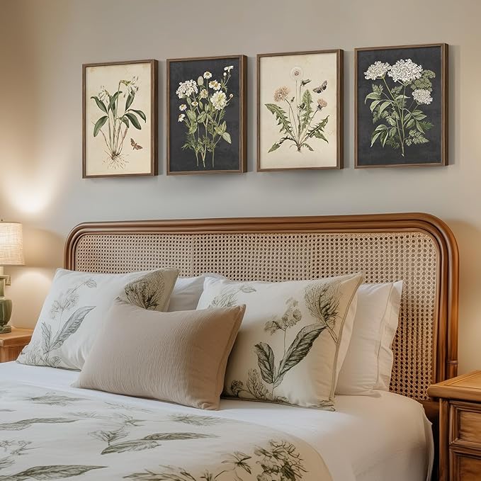 Framed Vintage Botanical Floral Wall Art for Living Room, 4 Piece 12x16 In | Farmhouse wall decor, Flower pictures, Rustic retro paintings, Ready to hang canvas prints, Kitchen bedroom bathroom decor