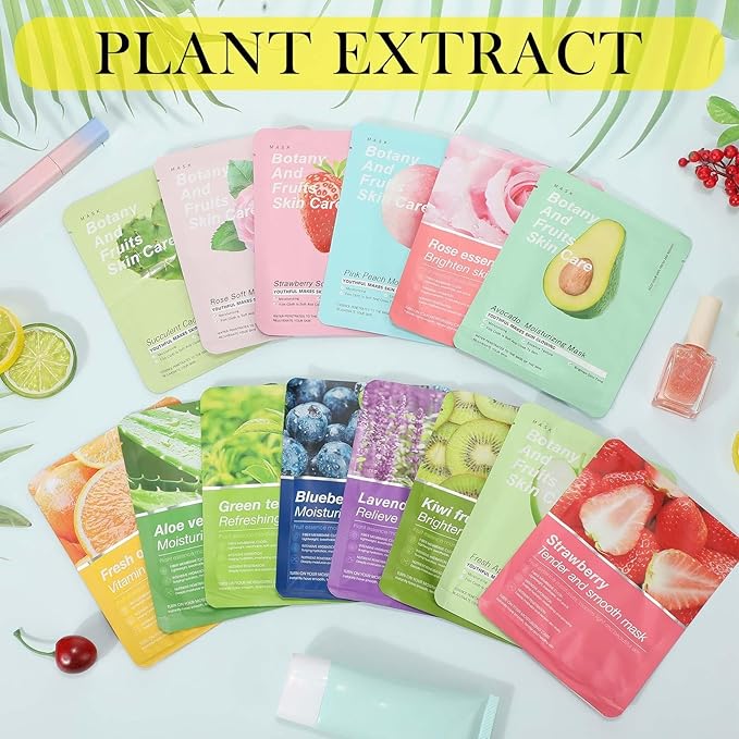 16 Pcs Sheet Face Masks Skincare for Most Skin Types, Combo Essence Hydraiting Facial Mask Set for Women Skin Care, Gifts Set for Home Spa(Assorted Styles,16 Pcs)