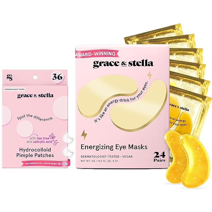 grace & stella Eye Mask Gold 24 Pairs + Round Pimple Patch 36-Pack Bundle