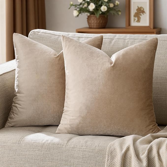 GIGIZAZA Taupe Velvet Pillow Covers 18x18 Decorative Pillows Pack of 2 | Natural Throw Pillows for Couch Sofa,280gsm Soft Textured Fabric,Luxury Modern Square Pillowcases,Luxury Cushion Covers