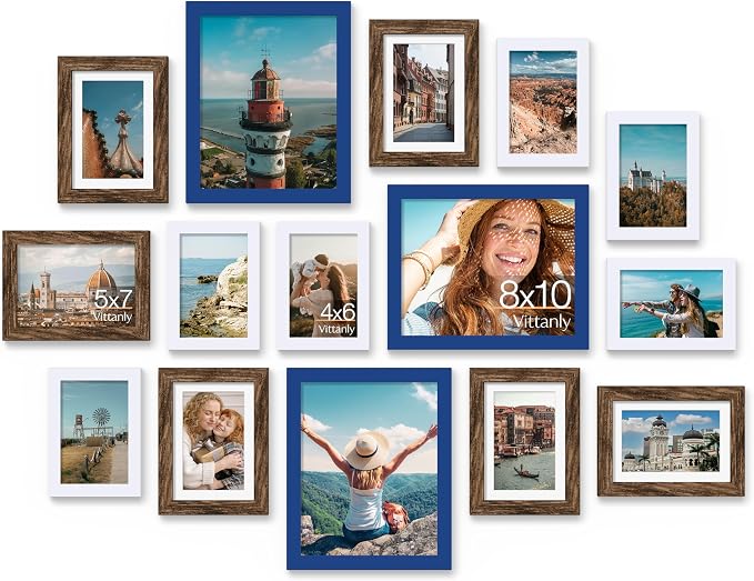 Vittanly 15 Pack Gallery Wall Frame Set, Blue, Brown, White | Picture Frames Collage Wall Decor: 3pcs 8x10, 6pcs 5x7, 6pcs 4x6. Picture Frame Set for Wall or Tabletop Display
