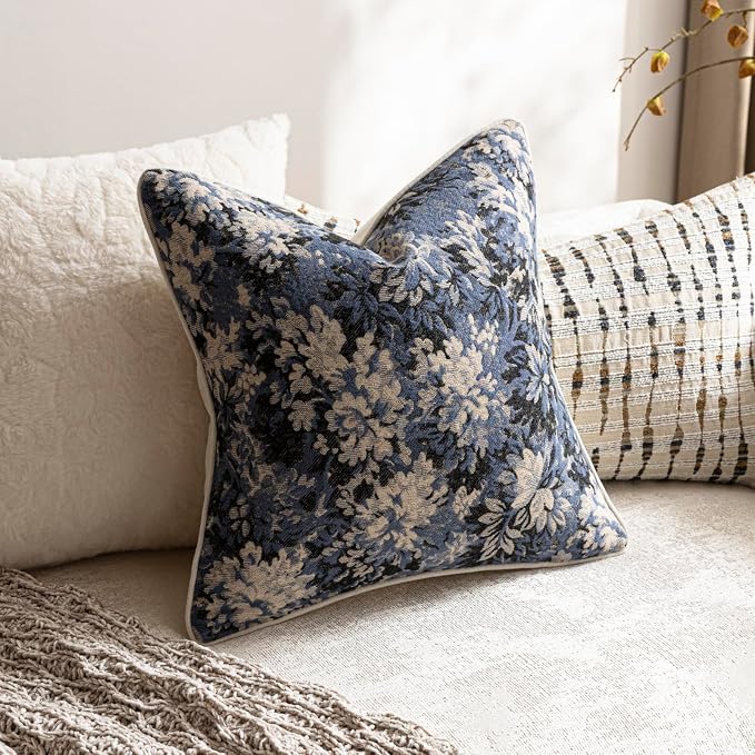 Pack of 2 Vintage Floral Throw Pillow Covers 16x16 Boho Farmhouse Accents Chenille Square Decorative Pillow Cases for Living Room Couch Bed Home Decor, Dusty Blue